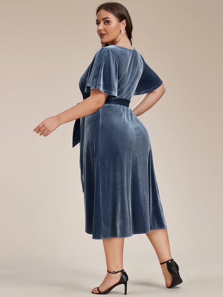 pretty LENNA|Plus Size Velvet Wedding Guest Dress with V-Neck and Flutter Sleeves