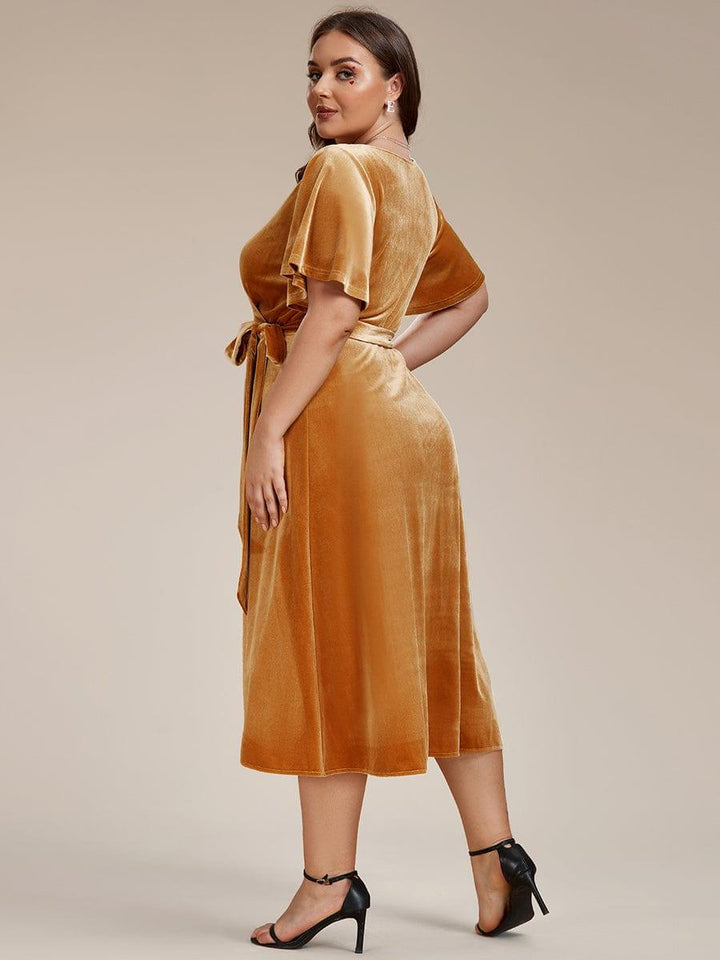 pretty LENNA|Plus Size Velvet Wedding Guest Dress with V-Neck and Flutter Sleeves