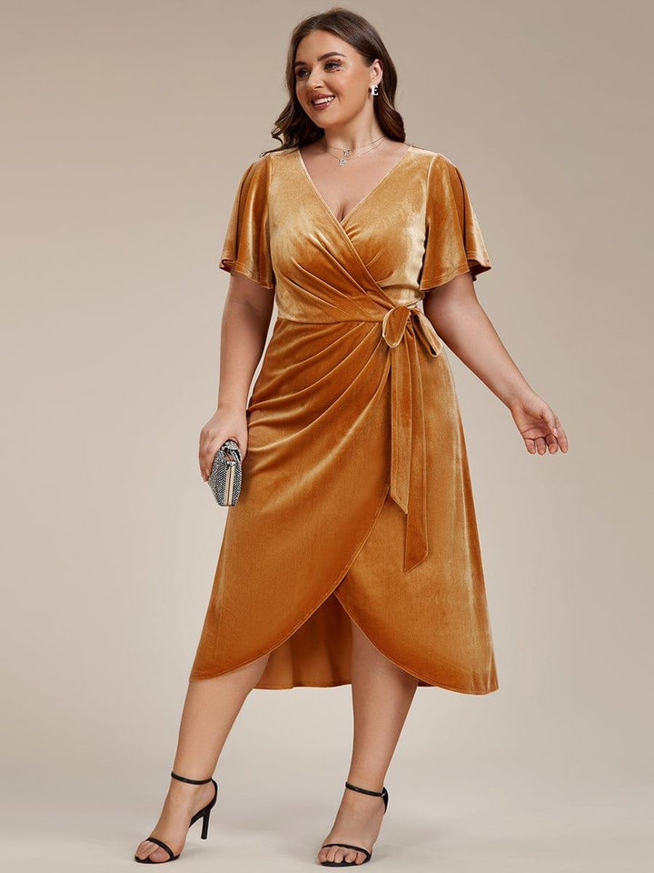 pretty LENNA|Plus Size Velvet Wedding Guest Dress with V-Neck and Flutter Sleeves