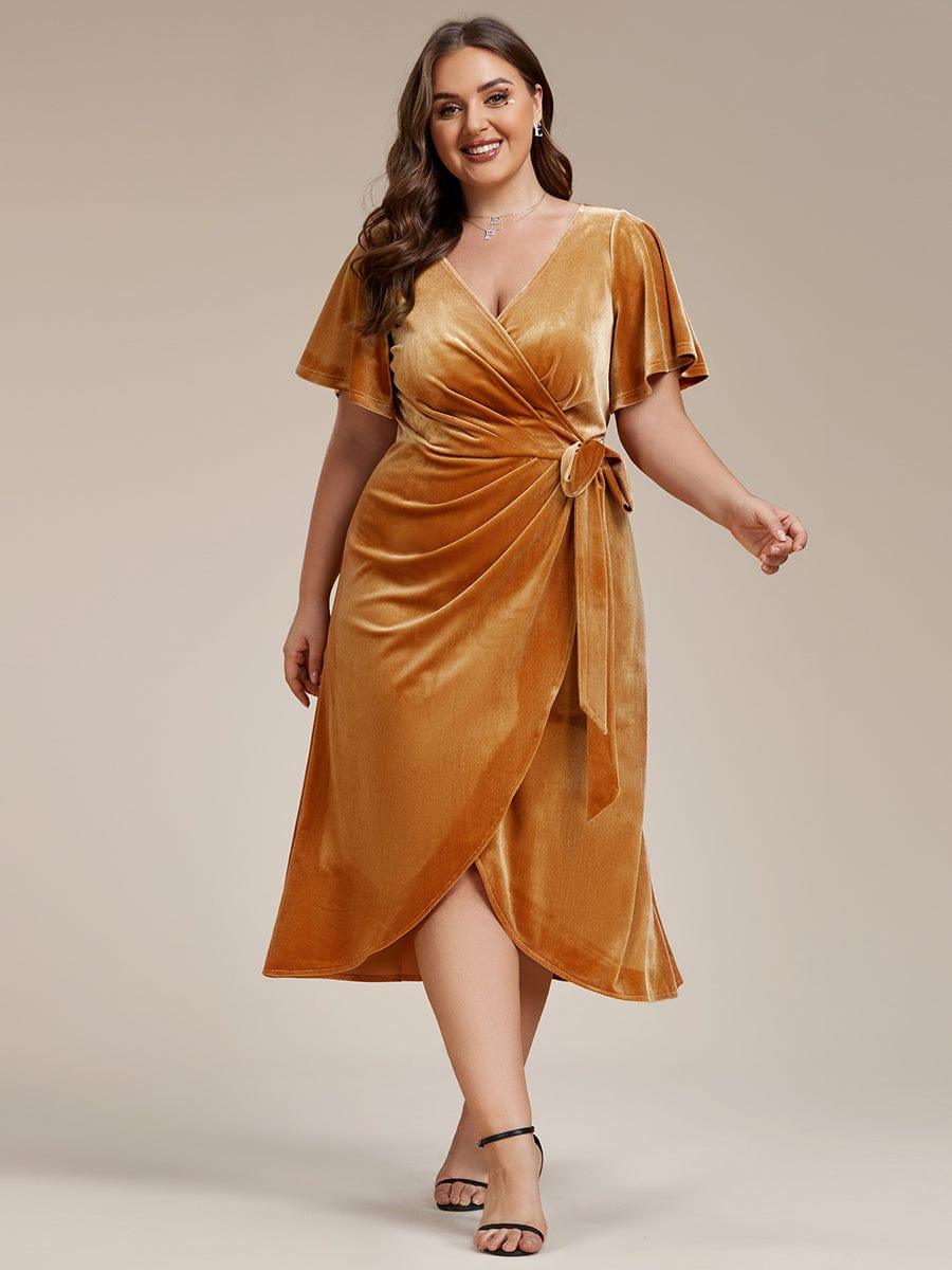 pretty LENNA|Plus Size Velvet Wedding Guest Dress with V-Neck and Flutter Sleeves