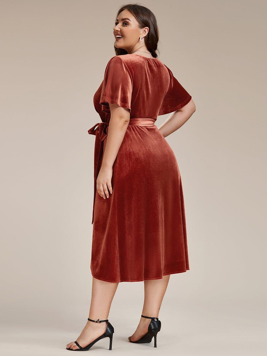 pretty LENNA|Plus Size Velvet Wedding Guest Dress with V-Neck and Flutter Sleeves