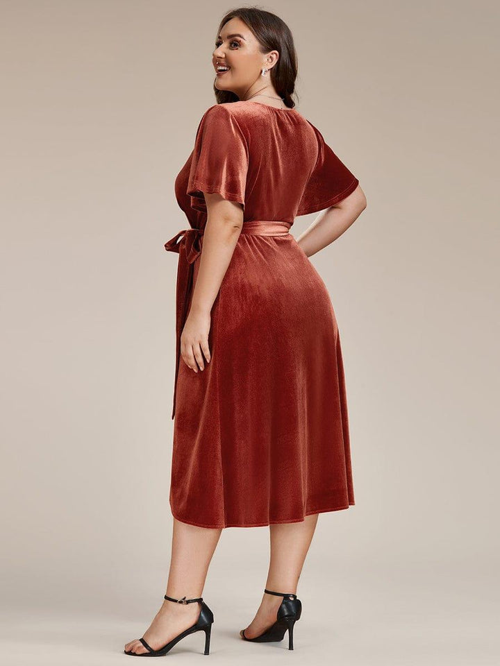 pretty LENNA|Plus Size Velvet Wedding Guest Dress with V-Neck and Flutter Sleeves