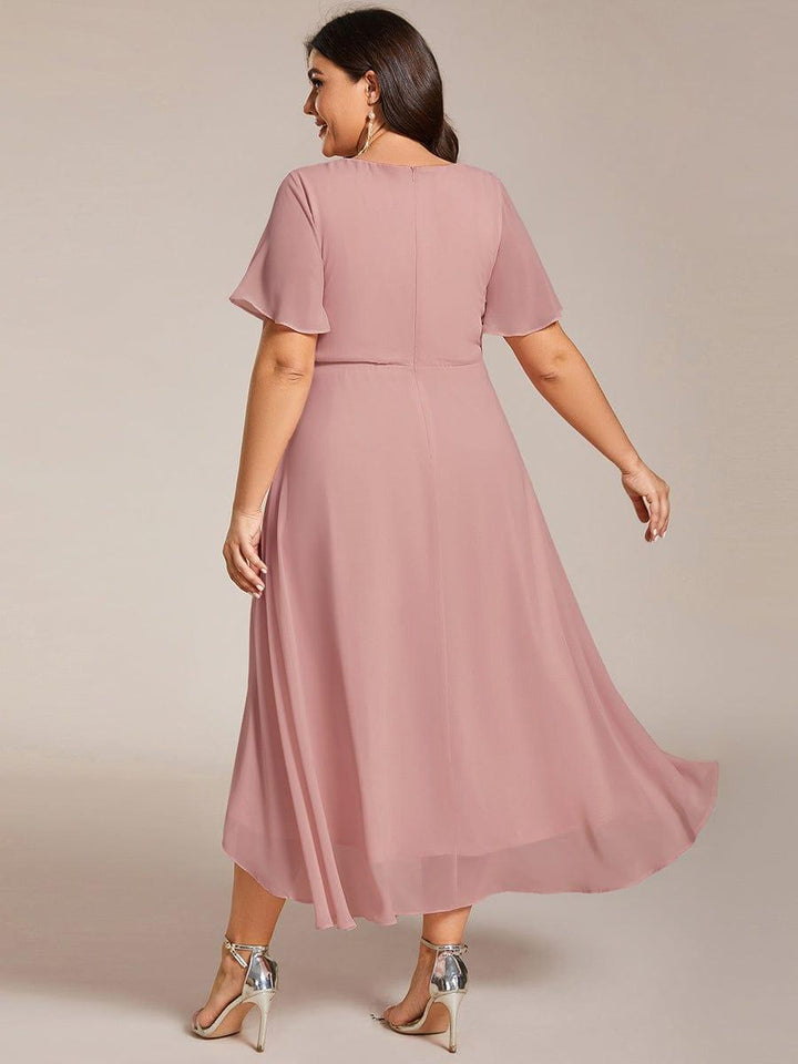 pretty LARK|Plus Size Chiffon Short Sleeve High-Low Wedding Guest Dress