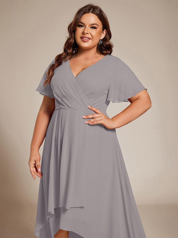 pretty LARK|Plus Size Chiffon Short Sleeve High-Low Wedding Guest Dress