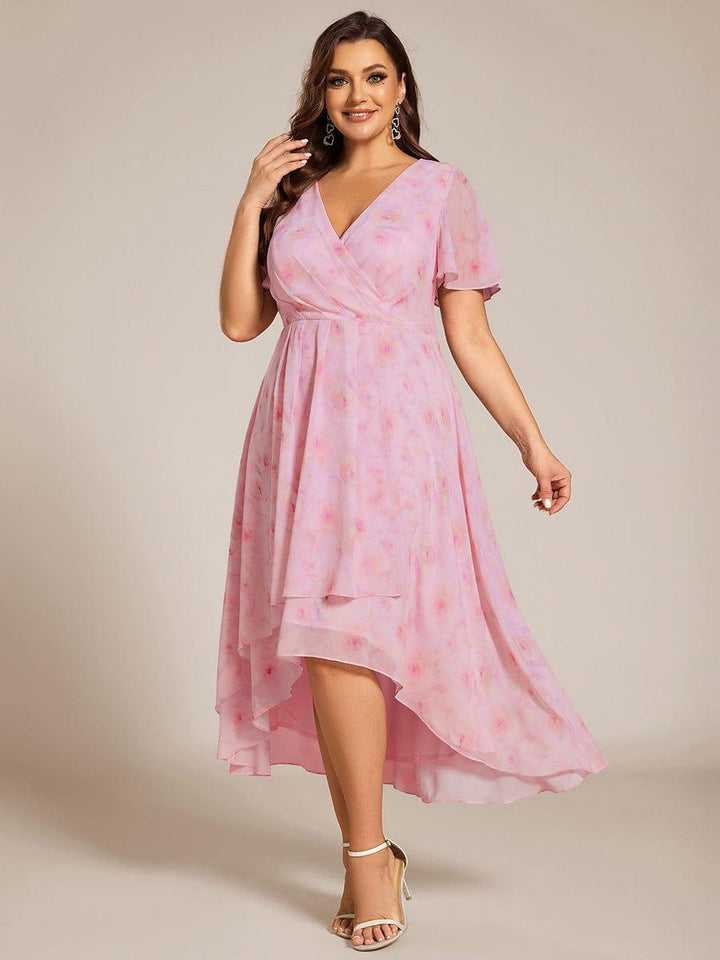 pretty LARK|Plus Size Chiffon Short Sleeve High-Low Wedding Guest Dress