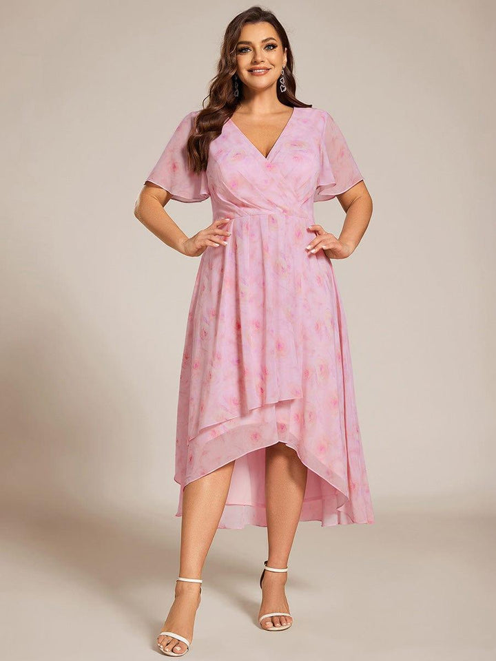 pretty LARK|Plus Size Chiffon Short Sleeve High-Low Wedding Guest Dress