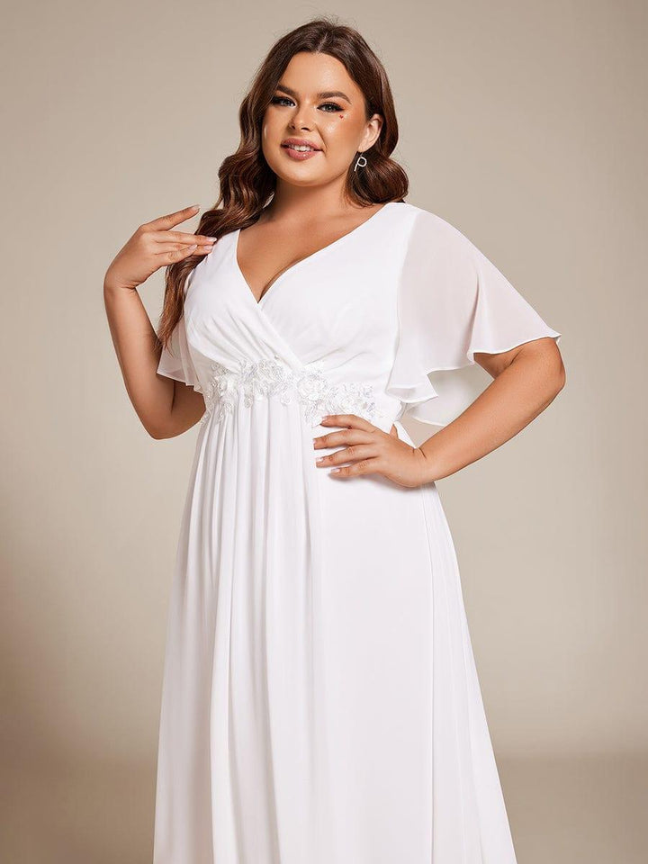 pretty DAHLIA|Plus Size V-Neck Chiffon Midi Wedding Guest Dress with Waist Applique(Final Sale)