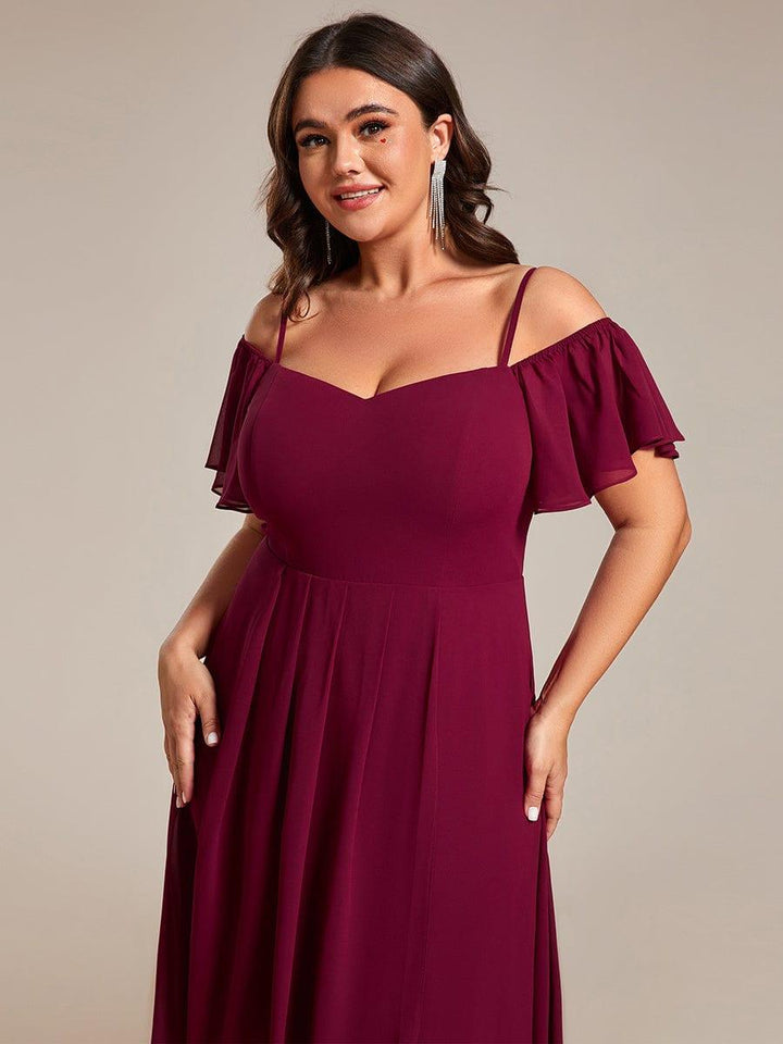 pretty JORDANE|Plus Size Off-Shoulder High-Low Chiffon Wedding Guest Dresses with Short Sleeves