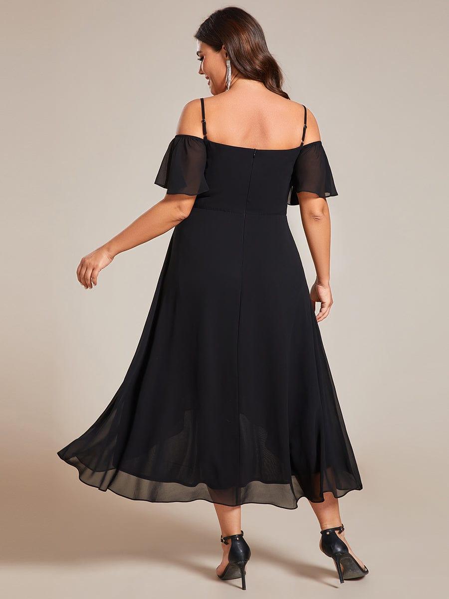 pretty JORDANE|Plus Size Off-Shoulder High-Low Chiffon Wedding Guest Dresses with Short Sleeves