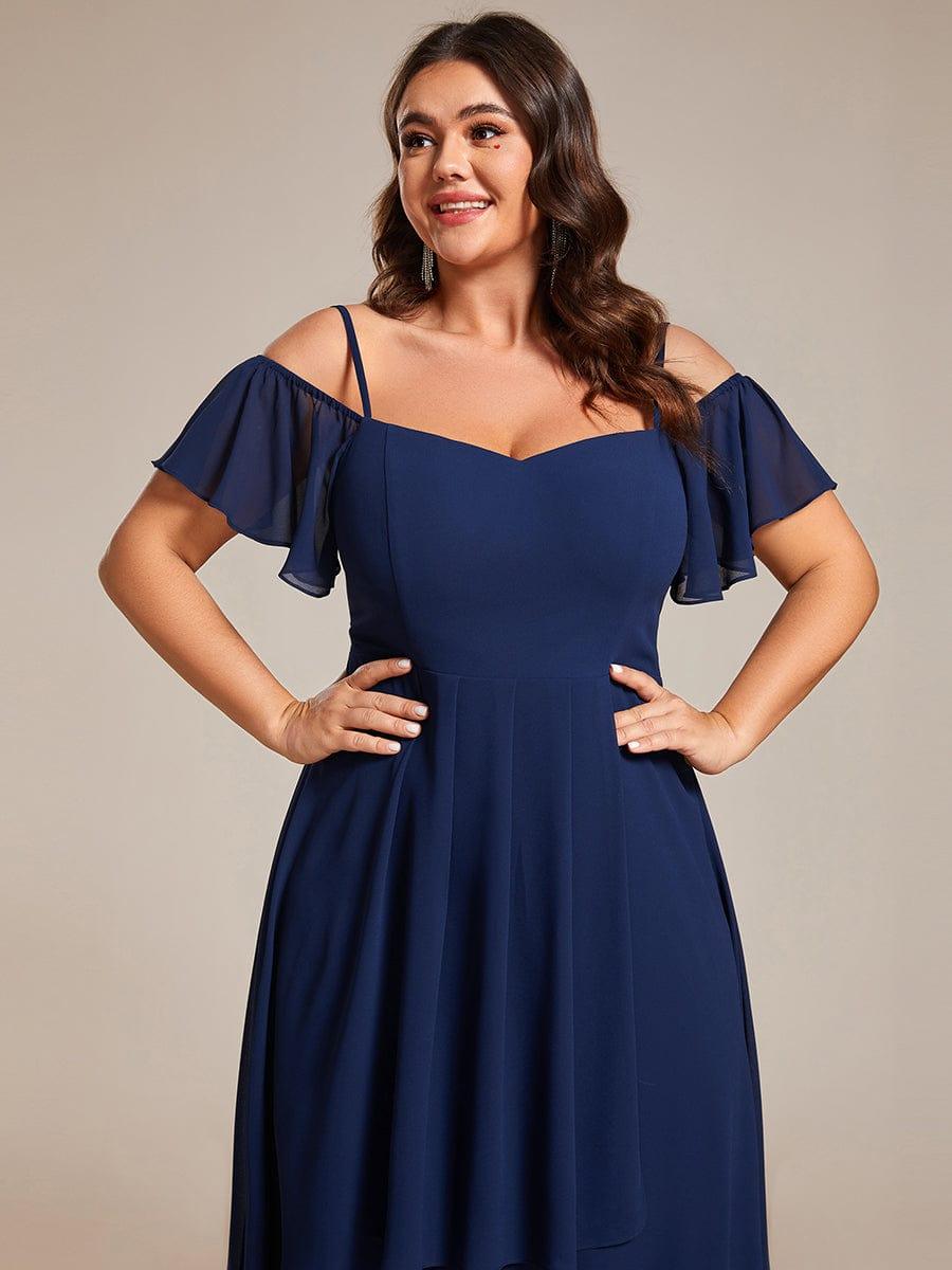 pretty JORDANE|Plus Size Off-Shoulder High-Low Chiffon Wedding Guest Dresses with Short Sleeves