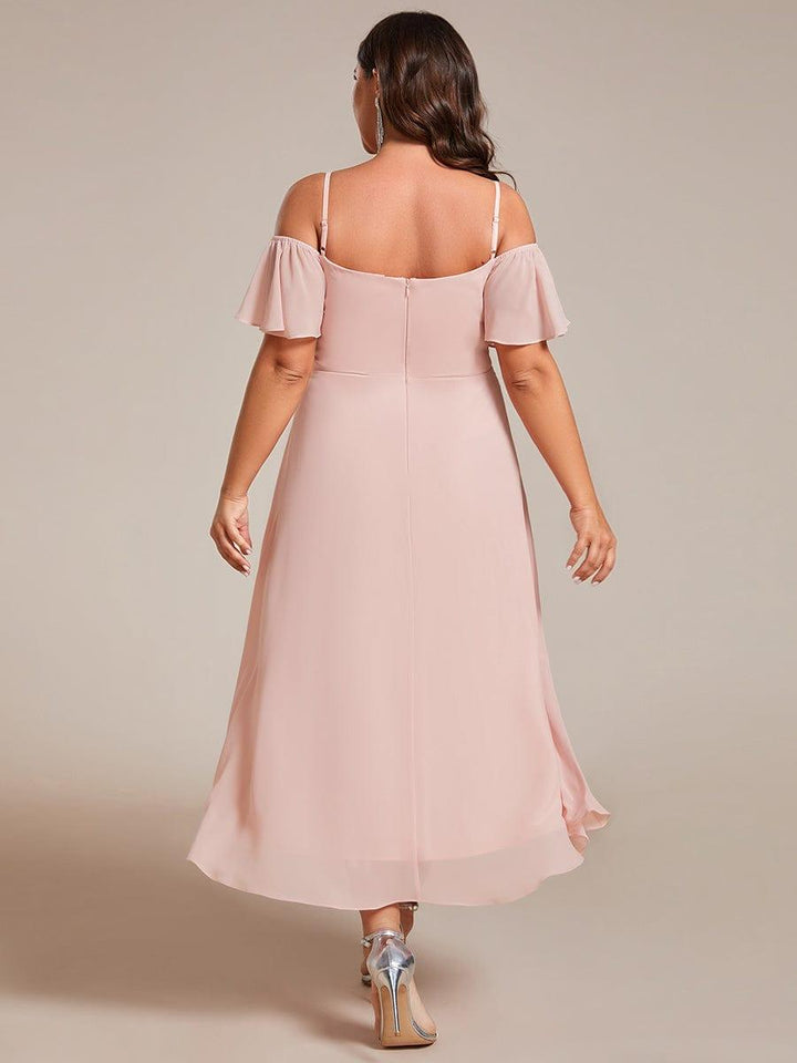pretty JORDANE|Plus Size Off-Shoulder High-Low Chiffon Wedding Guest Dresses with Short Sleeves