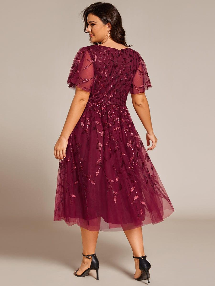 pretty SIMONE|Plus Size Leaf Sequin Tulle Midi Wedding Guest Dress
