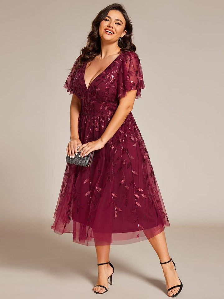 pretty SIMONE|Plus Size Leaf Sequin Tulle Midi Wedding Guest Dress