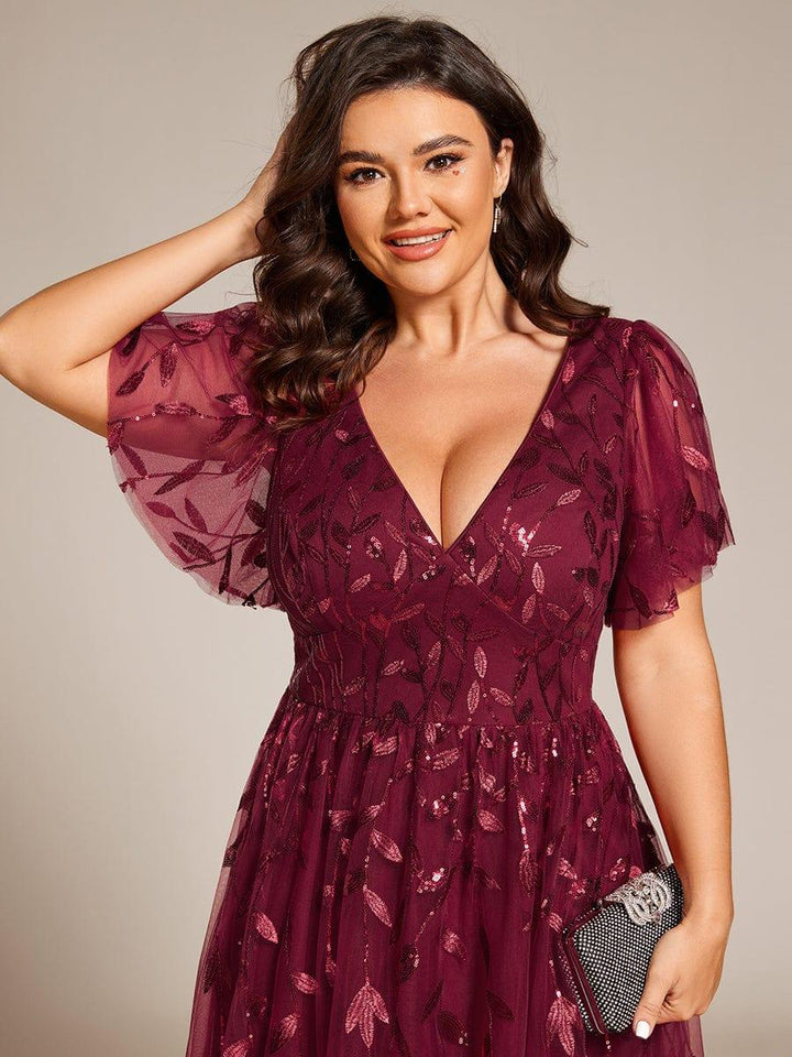 pretty SIMONE|Plus Size Leaf Sequin Tulle Midi Wedding Guest Dress