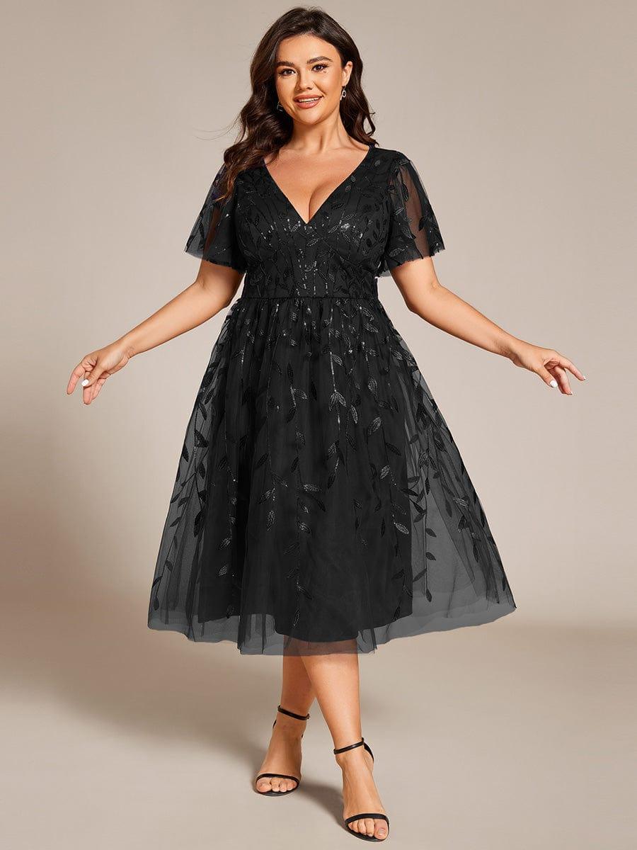 pretty SIMONE|Plus Size Leaf Sequin Tulle Midi Wedding Guest Dress