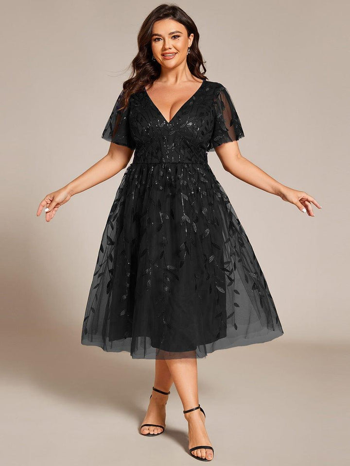 pretty SIMONE|Plus Size Leaf Sequin Tulle Midi Wedding Guest Dress