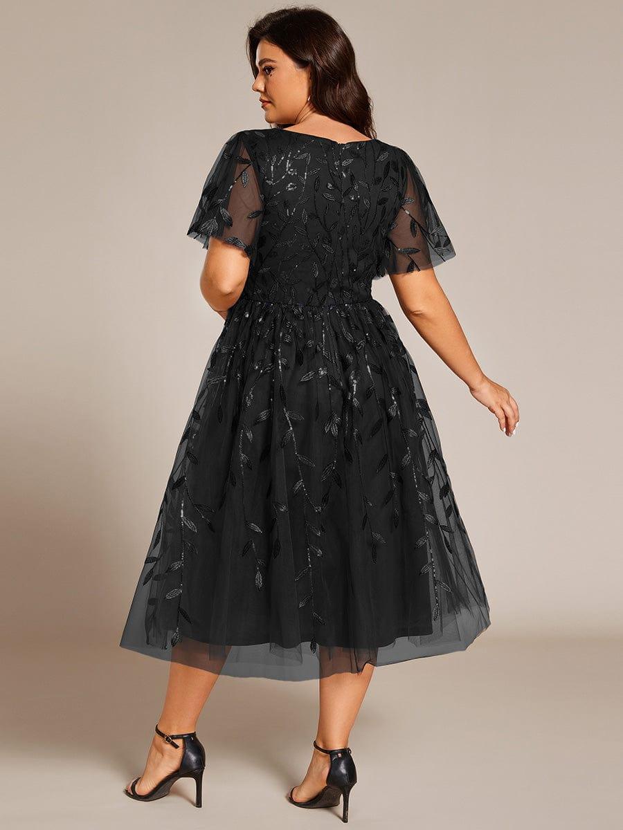 pretty SIMONE|Plus Size Leaf Sequin Tulle Midi Wedding Guest Dress