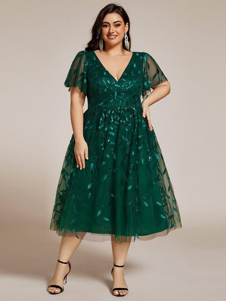 pretty SIMONE|Plus Size Leaf Sequin Tulle Midi Wedding Guest Dress