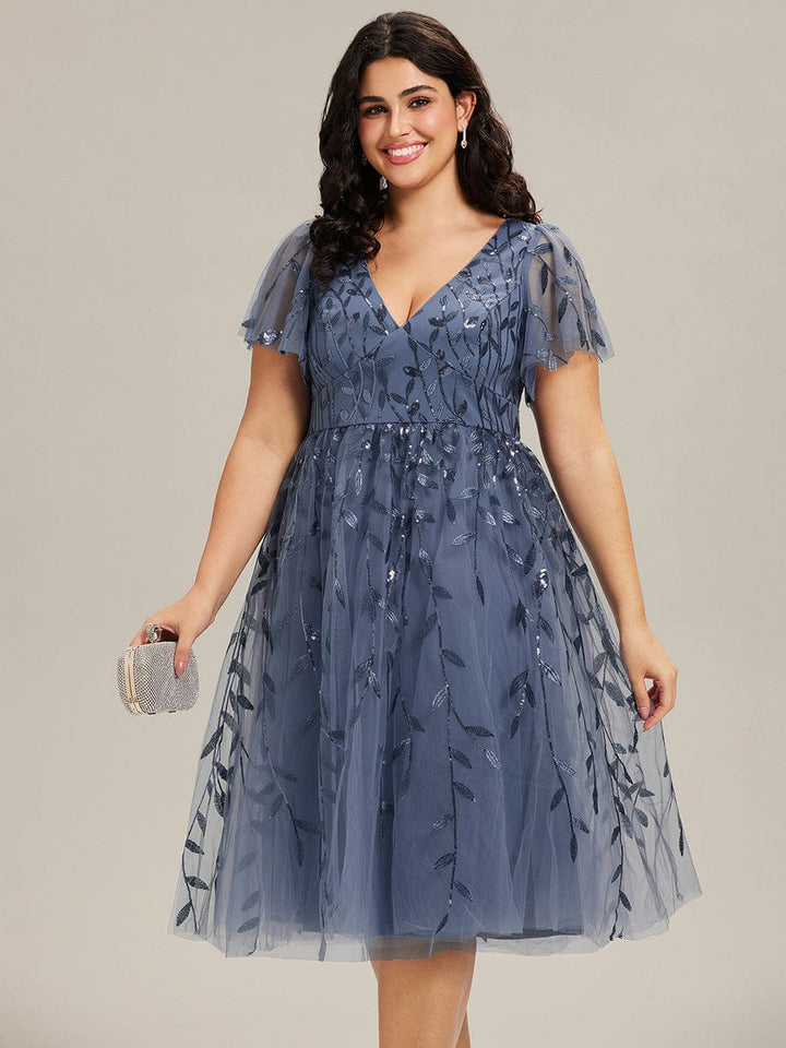 pretty SIMONE|Plus Size Leaf Sequin Tulle Midi Wedding Guest Dress