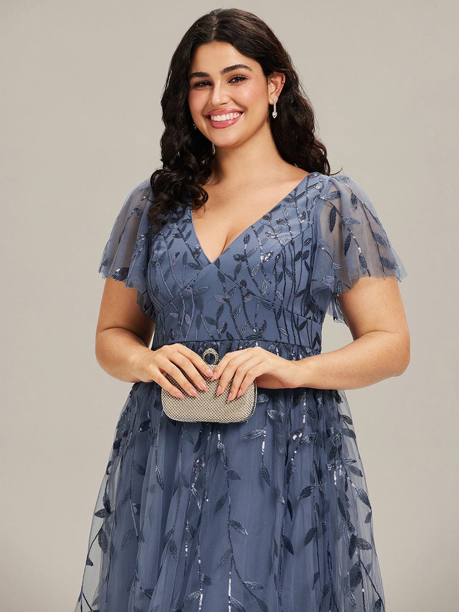 pretty SIMONE|Plus Size Leaf Sequin Tulle Midi Wedding Guest Dress