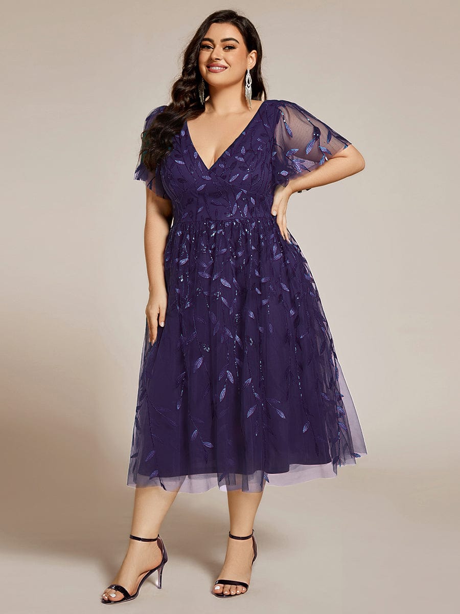 pretty SIMONE|Plus Size Leaf Sequin Tulle Midi Wedding Guest Dress