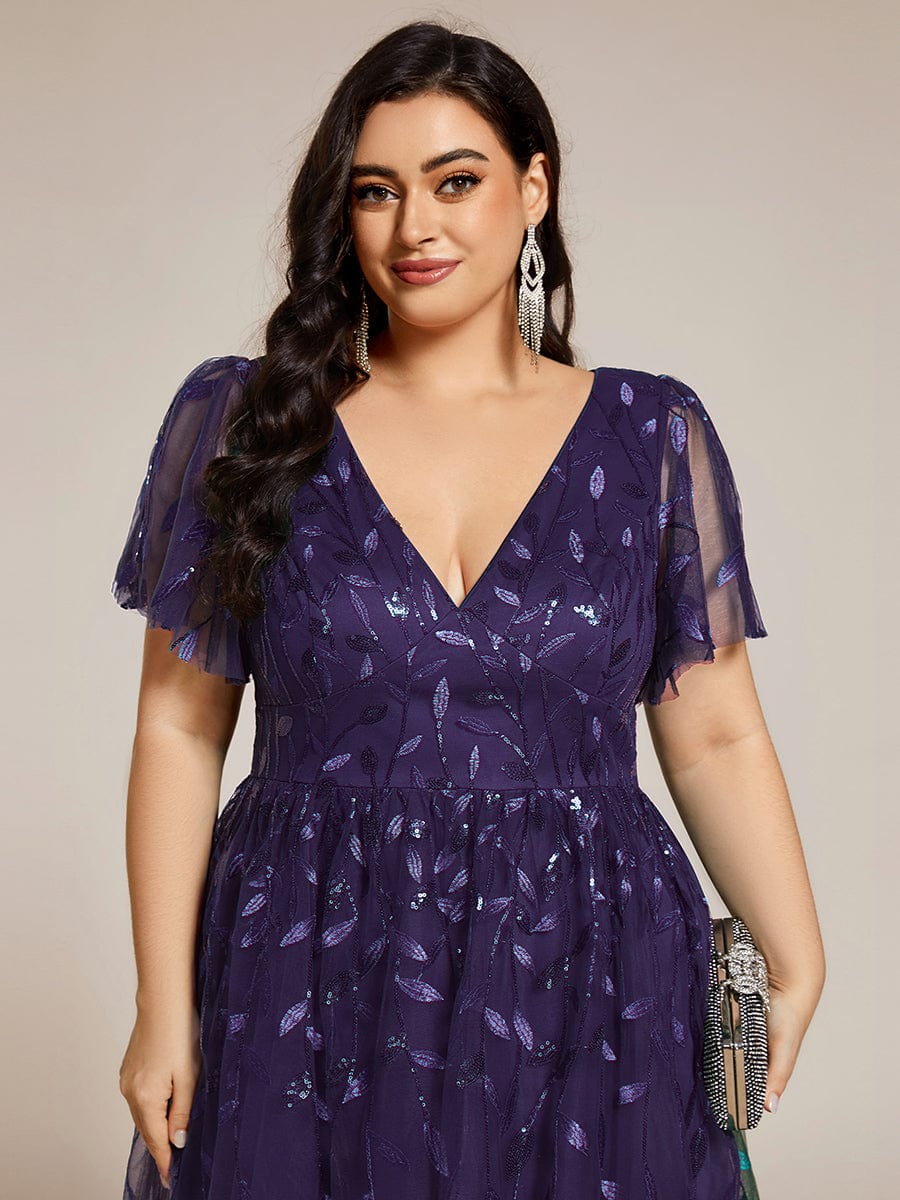 pretty SIMONE|Plus Size Leaf Sequin Tulle Midi Wedding Guest Dress