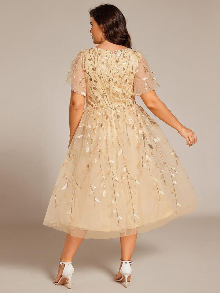 pretty SIMONE|Plus Size Leaf Sequin Tulle Midi Wedding Guest Dress