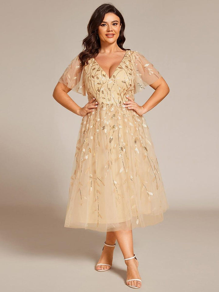 pretty SIMONE|Plus Size Leaf Sequin Tulle Midi Wedding Guest Dress