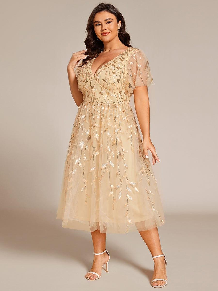 pretty SIMONE|Plus Size Leaf Sequin Tulle Midi Wedding Guest Dress