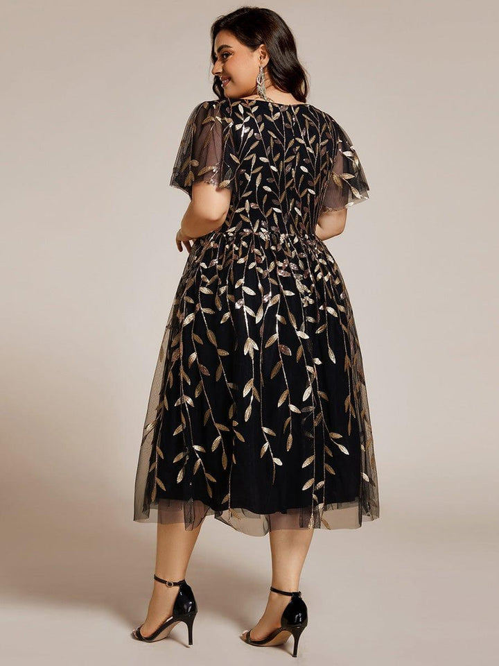 pretty SIMONE|Plus Size Leaf Sequin Tulle Midi Wedding Guest Dress