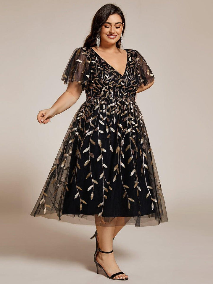 pretty SIMONE|Plus Size Leaf Sequin Tulle Midi Wedding Guest Dress