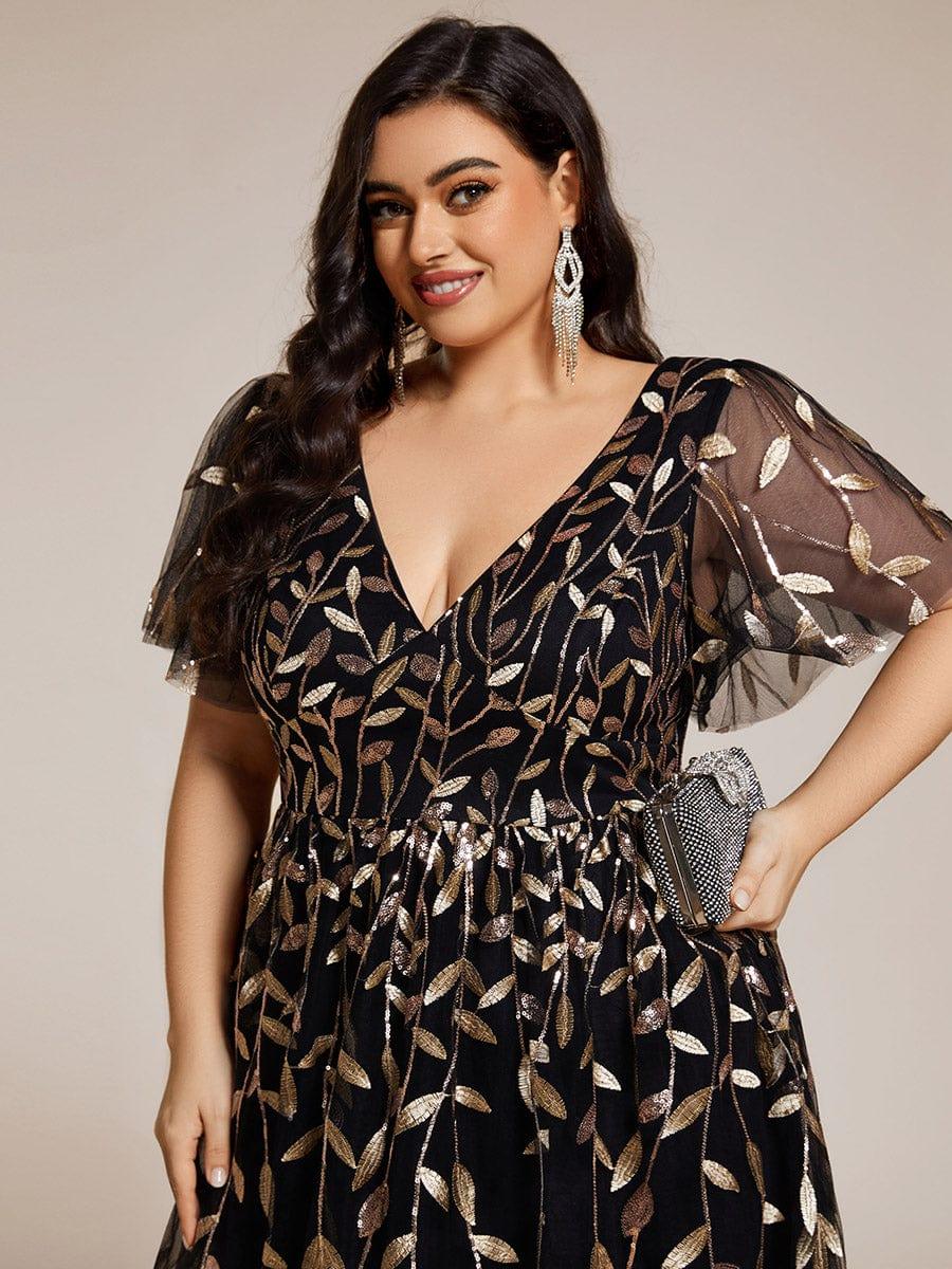 pretty SIMONE|Plus Size Leaf Sequin Tulle Midi Wedding Guest Dress
