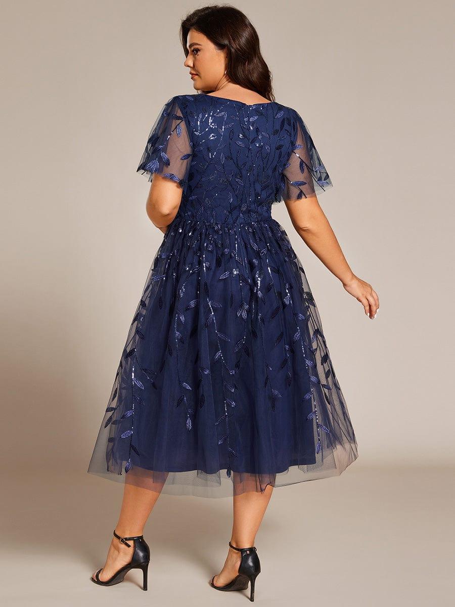 pretty SIMONE|Plus Size Leaf Sequin Tulle Midi Wedding Guest Dress