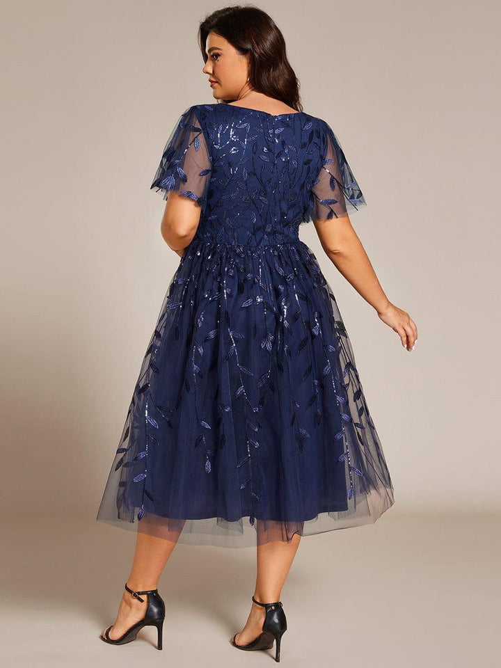 pretty SIMONE|Plus Size Leaf Sequin Tulle Midi Wedding Guest Dress