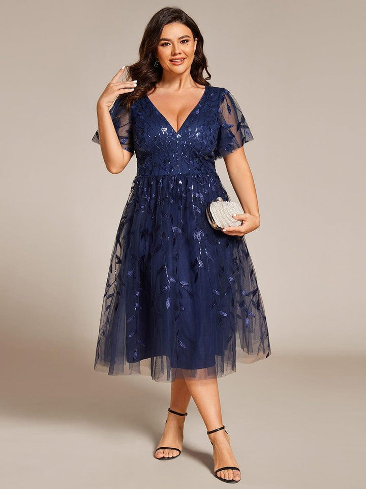 pretty SIMONE|Plus Size Leaf Sequin Tulle Midi Wedding Guest Dress