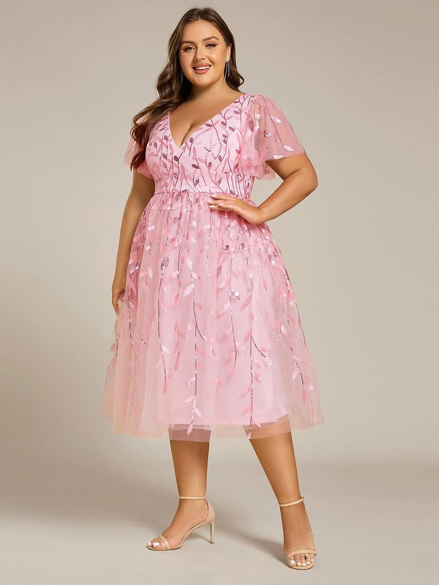 pretty SIMONE|Plus Size Leaf Sequin Tulle Midi Wedding Guest Dress