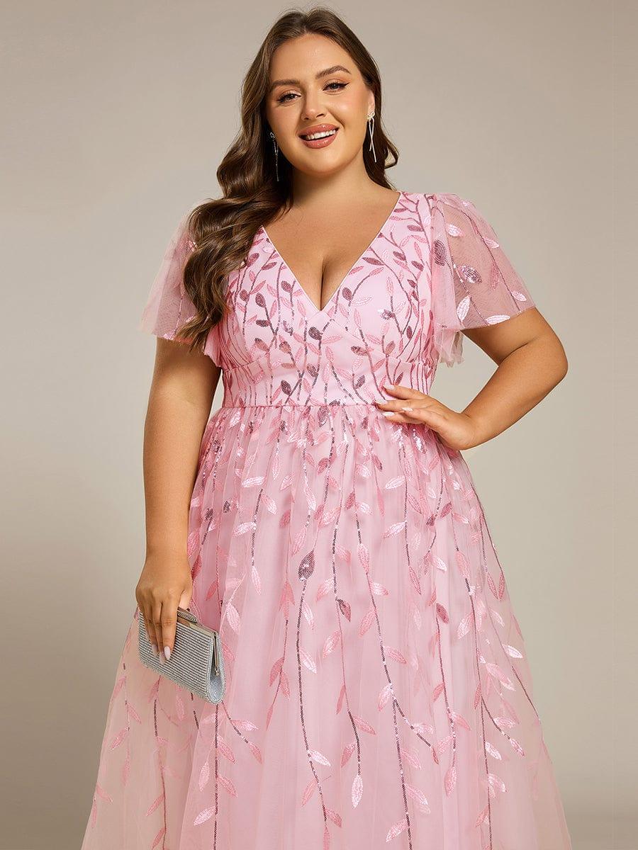 pretty SIMONE|Plus Size Leaf Sequin Tulle Midi Wedding Guest Dress