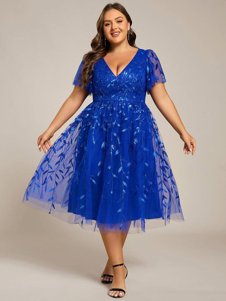 pretty SIMONE|Plus Size Leaf Sequin Tulle Midi Wedding Guest Dress