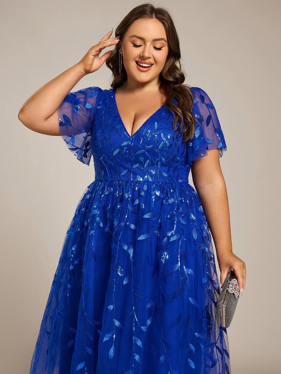 pretty SIMONE|Plus Size Leaf Sequin Tulle Midi Wedding Guest Dress