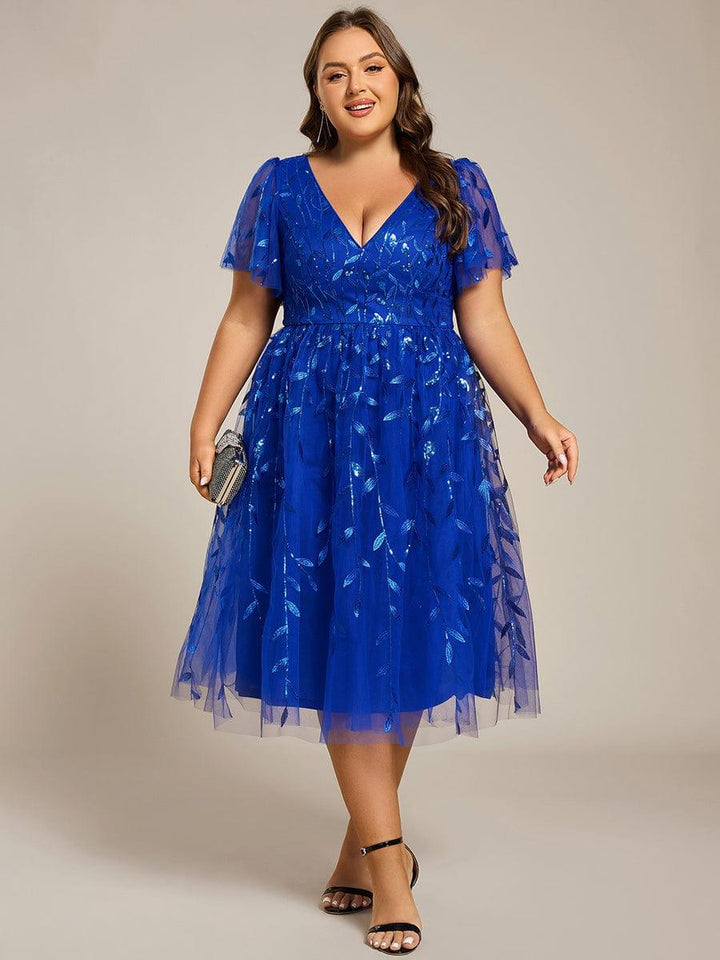 pretty SIMONE|Plus Size Leaf Sequin Tulle Midi Wedding Guest Dress