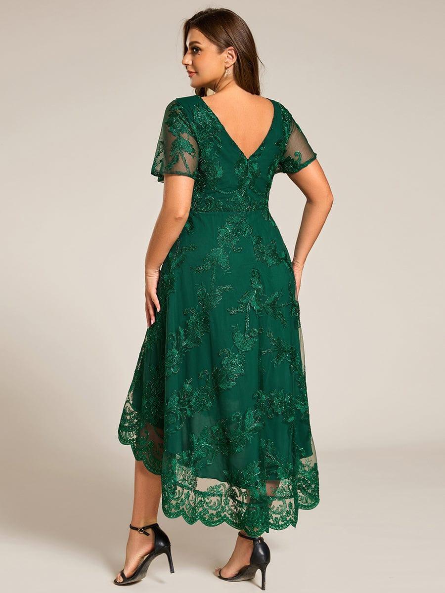 pretty TIDAL|Plus Size Embroidered Mesh High-Low Midi Wedding Guest Dress with Short Sleeves