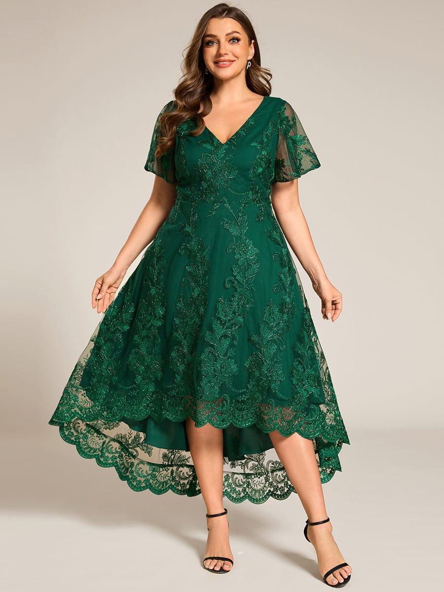 pretty TIDAL|Plus Size Embroidered Mesh High-Low Midi Wedding Guest Dress with Short Sleeves