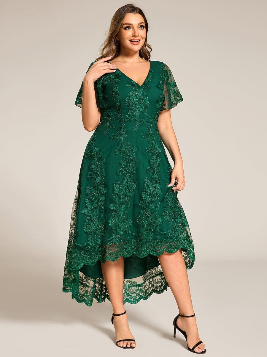 pretty TIDAL|Plus Size Embroidered Mesh High-Low Midi Wedding Guest Dress with Short Sleeves