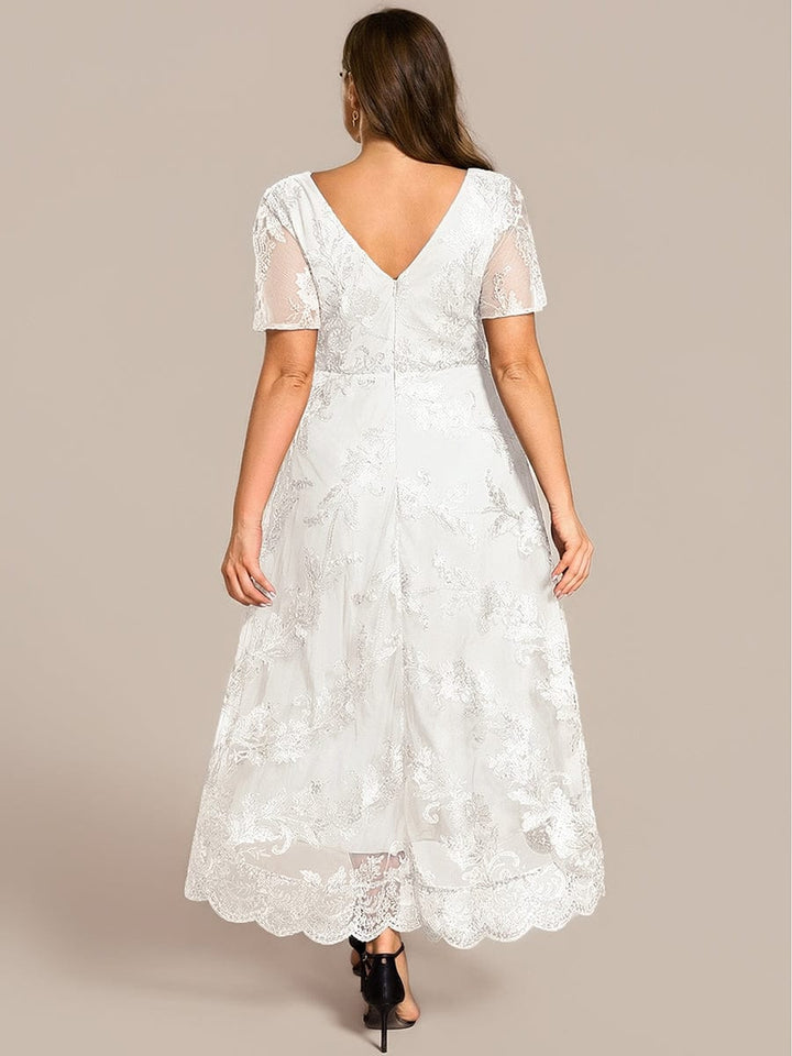 pretty TIDAL|Plus Size Embroidered Mesh High-Low Midi Wedding Guest Dress with Short Sleeves