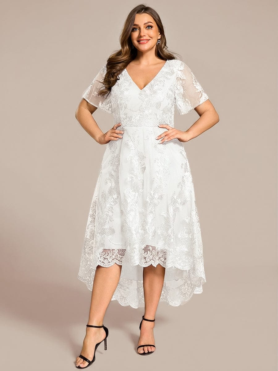 pretty TIDAL|Plus Size Embroidered Mesh High-Low Midi Wedding Guest Dress with Short Sleeves