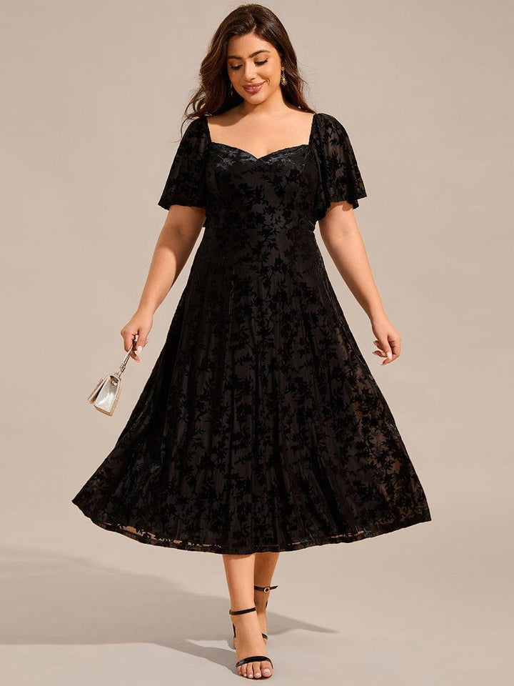pretty BLOOM|Plus Size Velvet Short Sleeve Tea-Length Jacquard Wedding Guest Dress