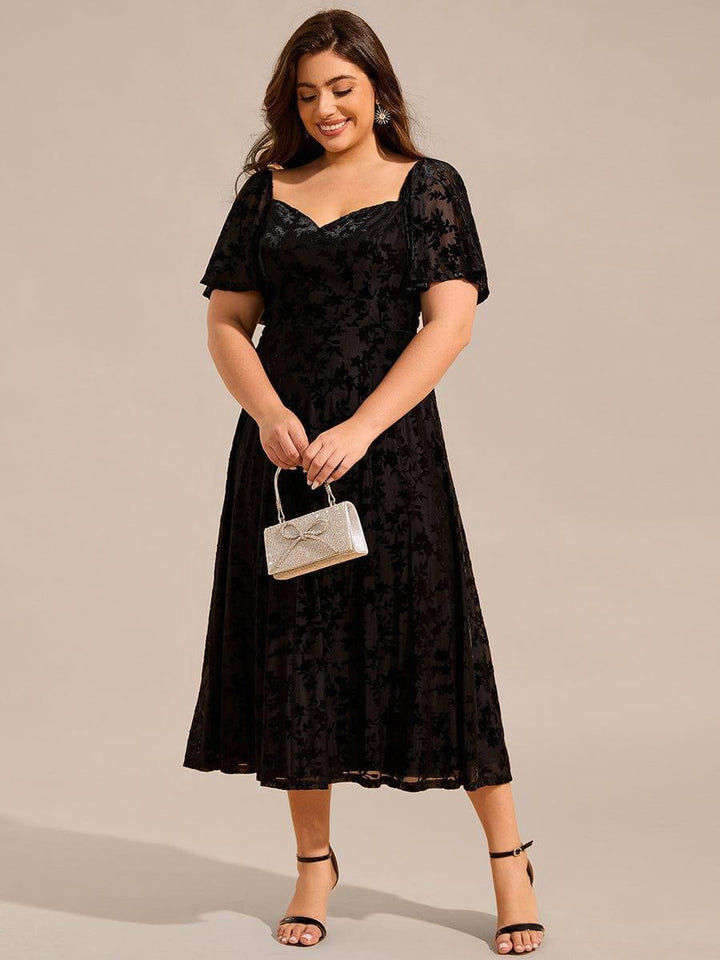 pretty BLOOM|Plus Size Velvet Short Sleeve Tea-Length Jacquard Wedding Guest Dress