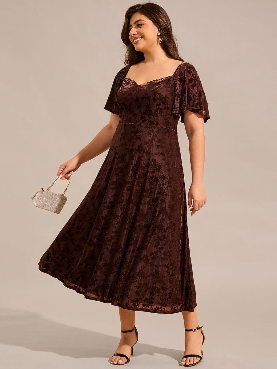 pretty BLOOM|Plus Size Velvet Short Sleeve Tea-Length Jacquard Wedding Guest Dress