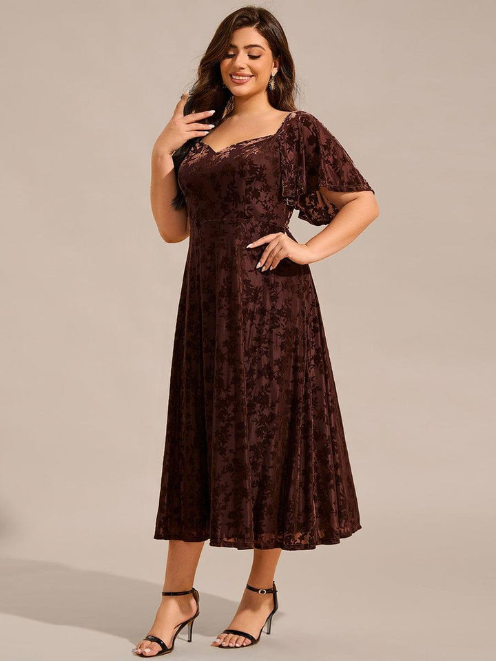 pretty BLOOM|Plus Size Velvet Short Sleeve Tea-Length Jacquard Wedding Guest Dress