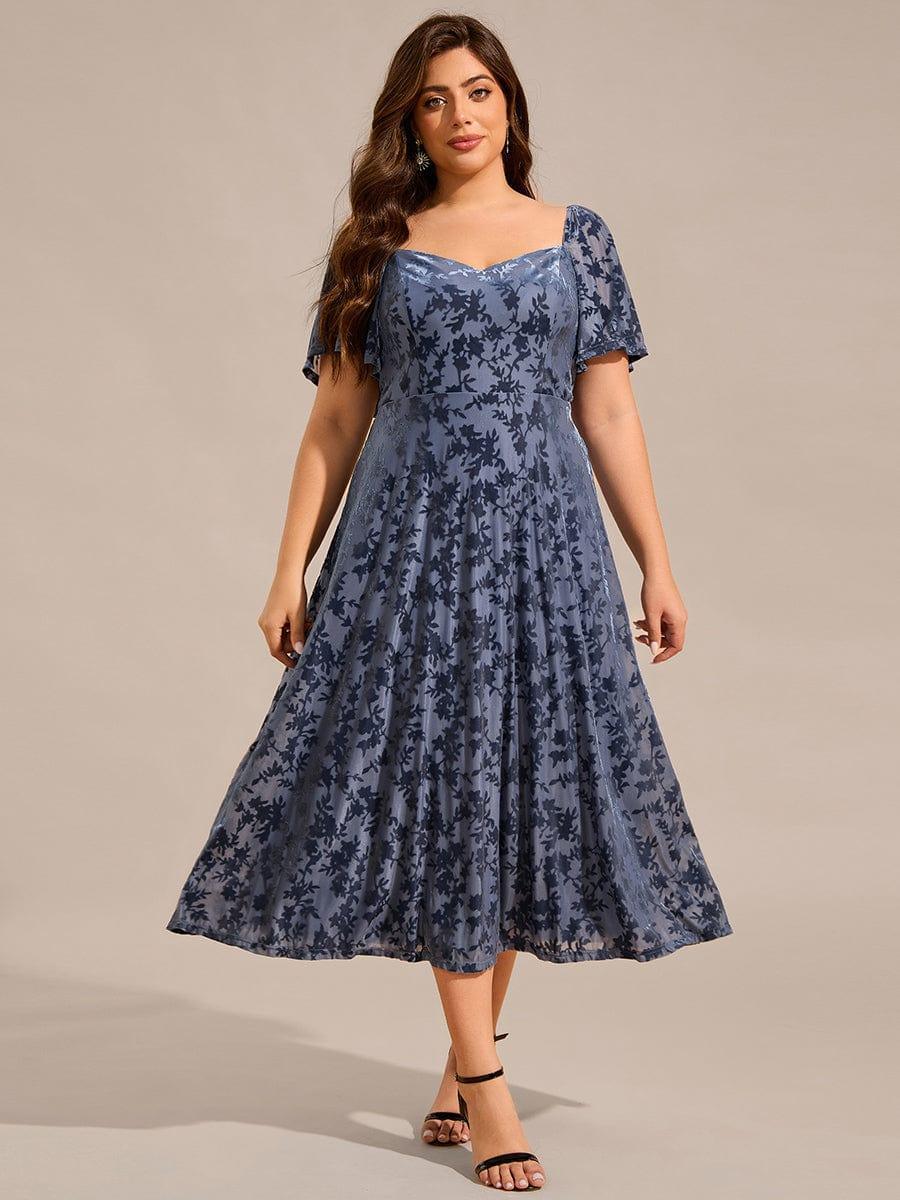 pretty BLOOM|Plus Size Velvet Short Sleeve Tea-Length Jacquard Wedding Guest Dress